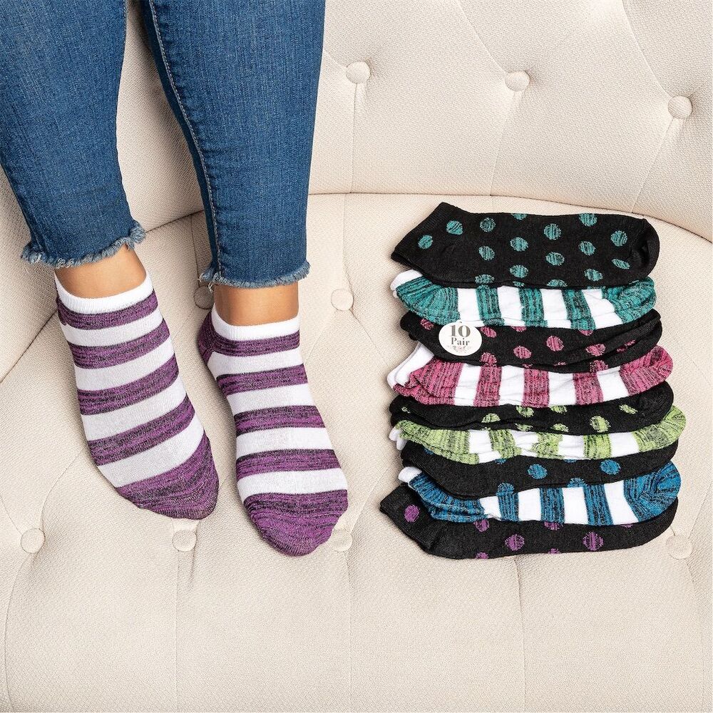 Women's Ankle Socks 10 Pairs Stripes & Polka Dots